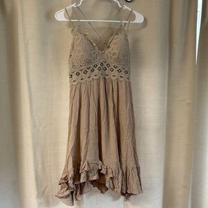 Elegant Lace Trim Mini Dress in Tan